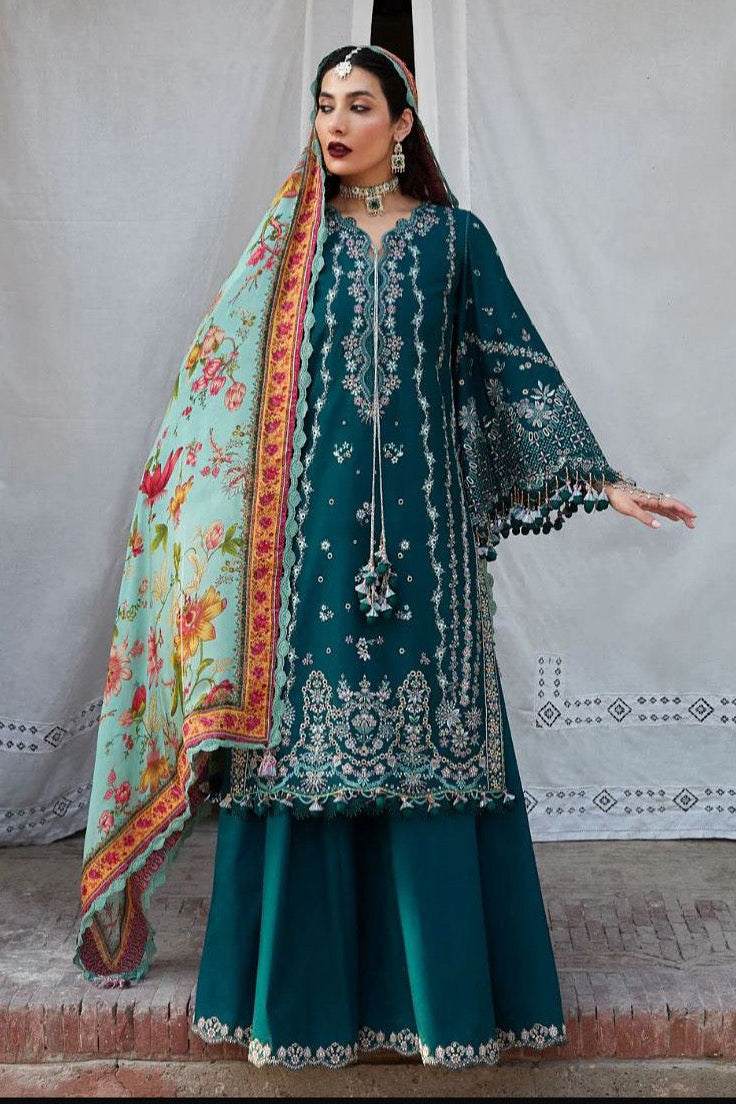 3PC DHANAK EMBROIDERED SHIRT WITH DHANAK (DAMAN-PATCH) PRINTED WOOLEN SHAWL AND PLAIN TROUSE