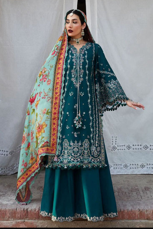 3PC DHANAK EMBROIDERED SHIRT WITH DHANAK (DAMAN-PATCH) PRINTED WOOLEN SHAWL AND PLAIN TROUSE