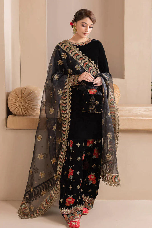 VELVET 3PC SHIRT EMBROIDERED ORGANZA EMBROIDERED DUPATA AND VELVET TROUSER 613-RR