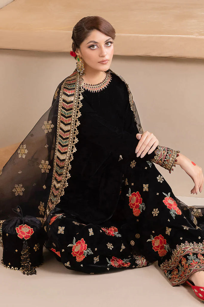 VELVET 3PC SHIRT EMBROIDERED ORGANZA EMBROIDERED DUPATA AND VELVET TROUSER 613-RR
