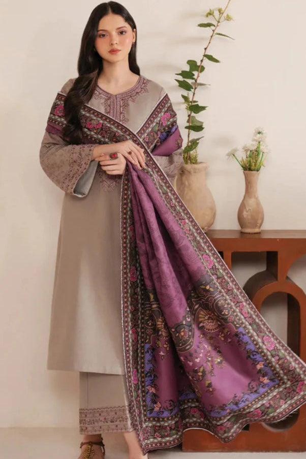 3PC DANAK EMBROIDERED SHIRT EMBROIDERED SLEEVES PLAIN TROUSER AND PRINTED WOOL SHAWL 837-RR