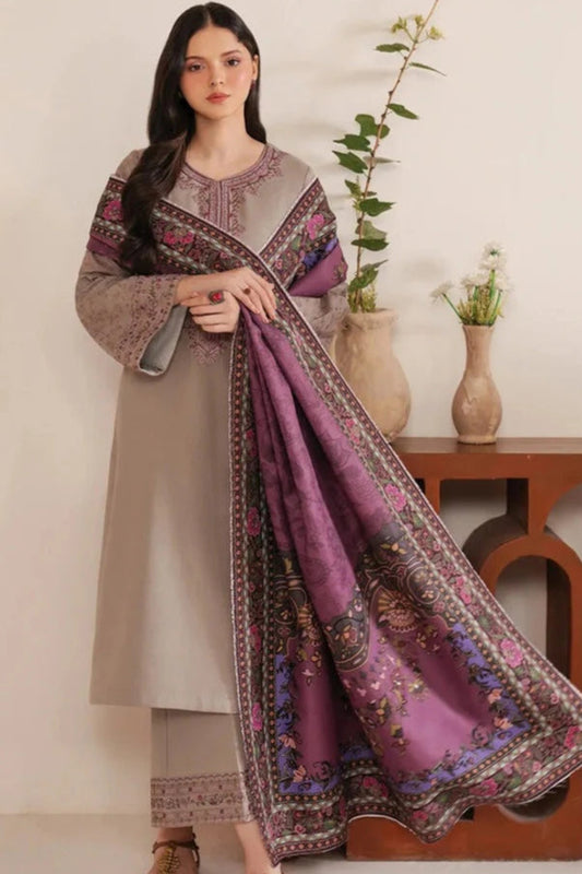 3PC DANAK EMBROIDERED SHIRT EMBROIDERED SLEEVES PLAIN TROUSER AND PRINTED WOOL SHAWL 837-RR