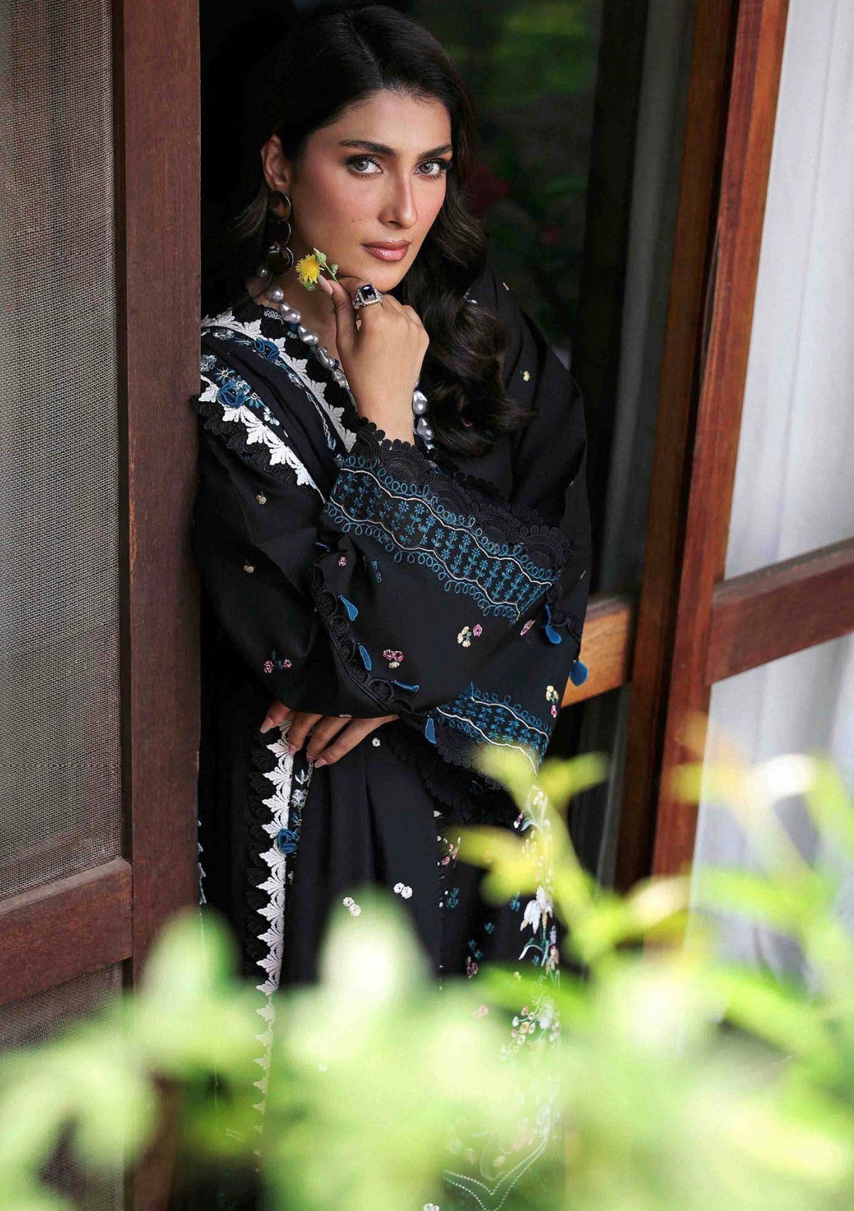 3PC DHANAK EMBROIDERED SHIRT WITH DHANAK (DAMAN-PATCH) EMBROIDERED SHAWL AND PLAIN TROUSE