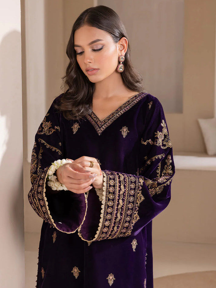 VELVET 3PC EMBROIDERED SHIRT ORGANZA EMBORIDED DUPATA AND VELVET TROUSER 623-RR