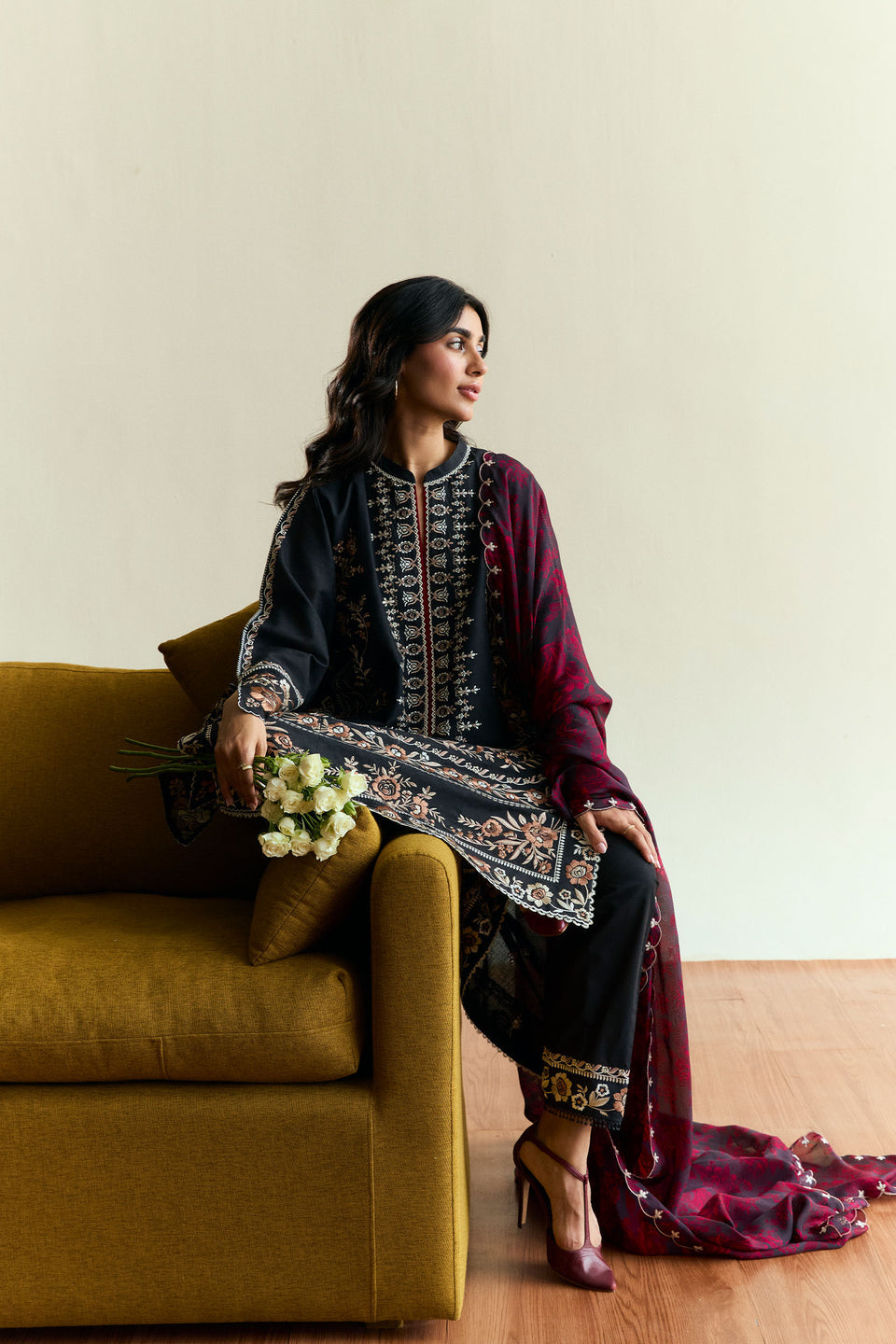 3PC DHANAK EMBROIDERED SHIRT WITH DHANAK (DAMAN-PATCH) PRIMTED WOOLEN SHAWL AND PLAIN TROUSE