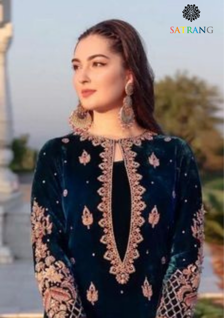 VELVET 3PC SHIRT EMBROIDERED FENCE EMBROIDERED DUPATA AND SILK TROUSER 608-RR