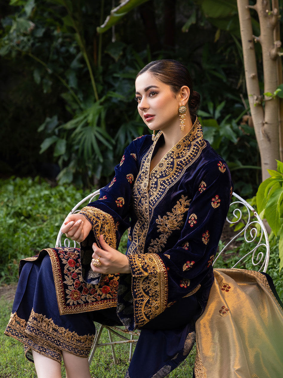 VELVET 3PC EMBROIDERED SHIRT ORGANZA EMBORIDED DUPATA AND SILK TROUSER 625-RR
