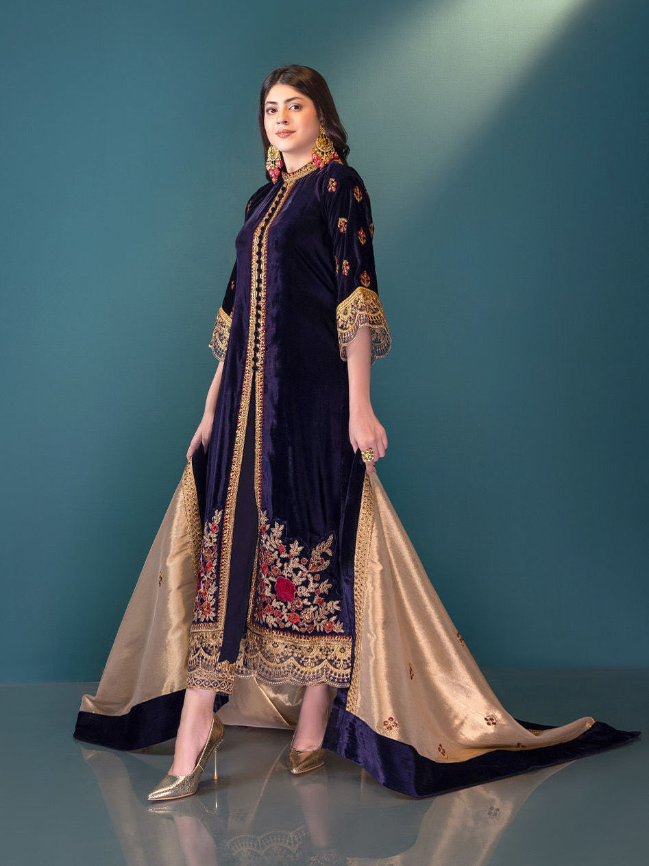 VELVET 3PC EMBROIDERED SHIRT ORGANZA EMBORIDED DUPATA AND SILK TROUSER 625-RR