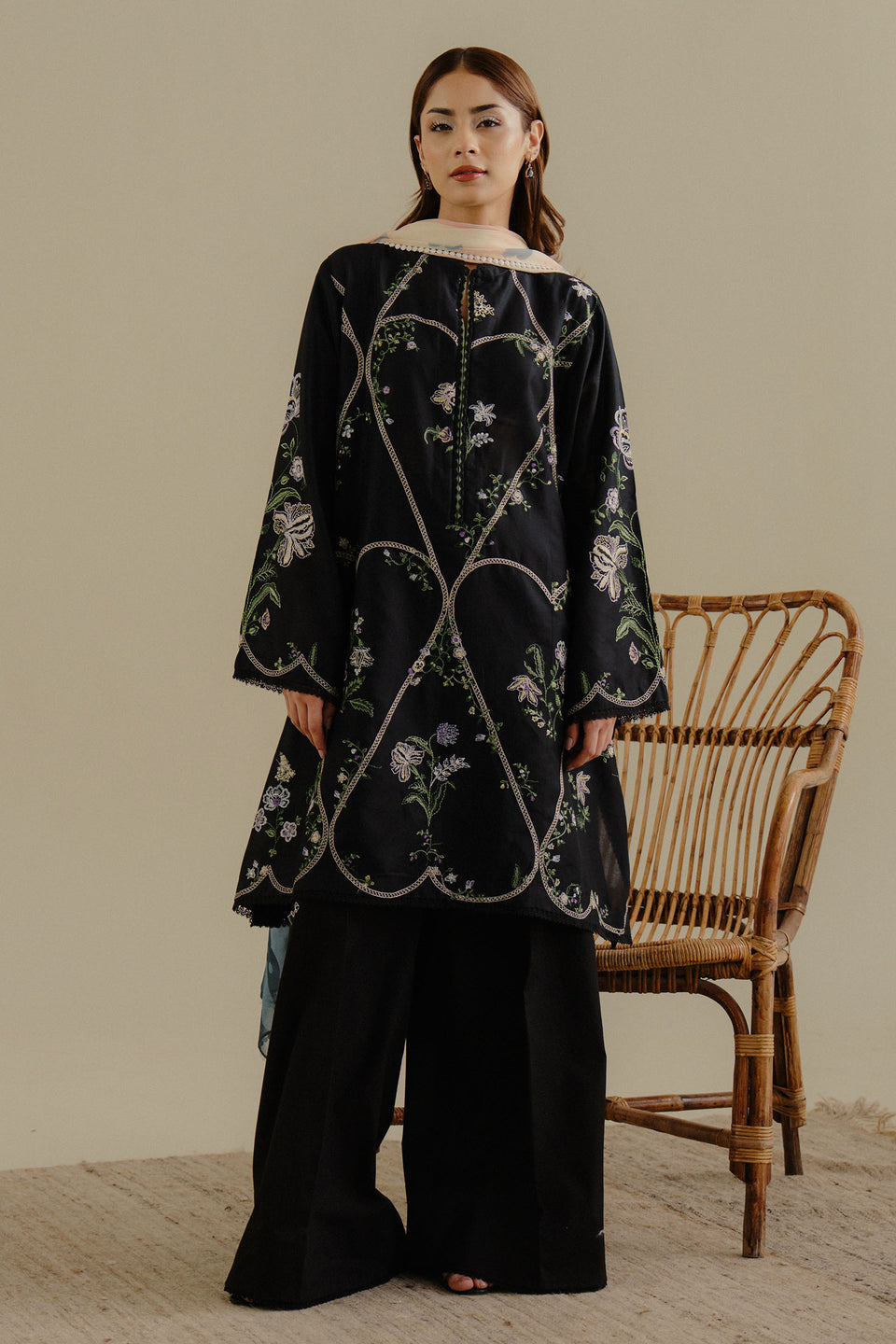 3PC DHANAK EMBROIDERED SHIRT AND PRINTED WOOL SHAWL WITH PLAIN TROUSER 778-RR