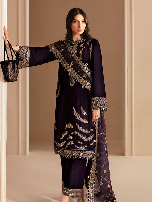 VELVET 3PC EMBROIDERED SHIRT ORGANZA EMBORIDED DUPATA AND SILK TROUSER 622-RR