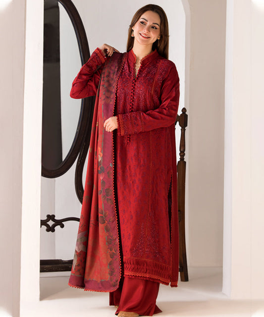 3PC DANAK EMBORIDED SHIRT WITH PRINTED WOOL SHAWL AND PLAIN TROUSER 848-RR