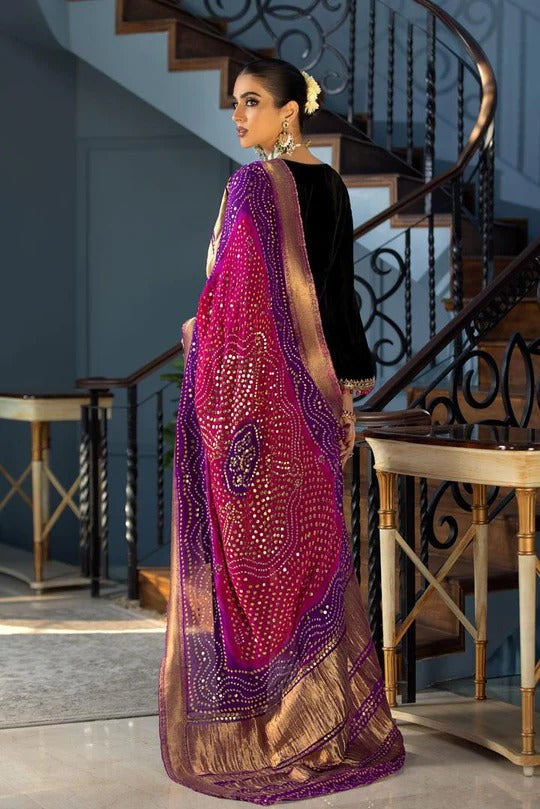 VELVET 3PC EMBROIDERED SHIRT ORGANZA EMBORIDED DUPATA AND SILK TROUSER 627-RR