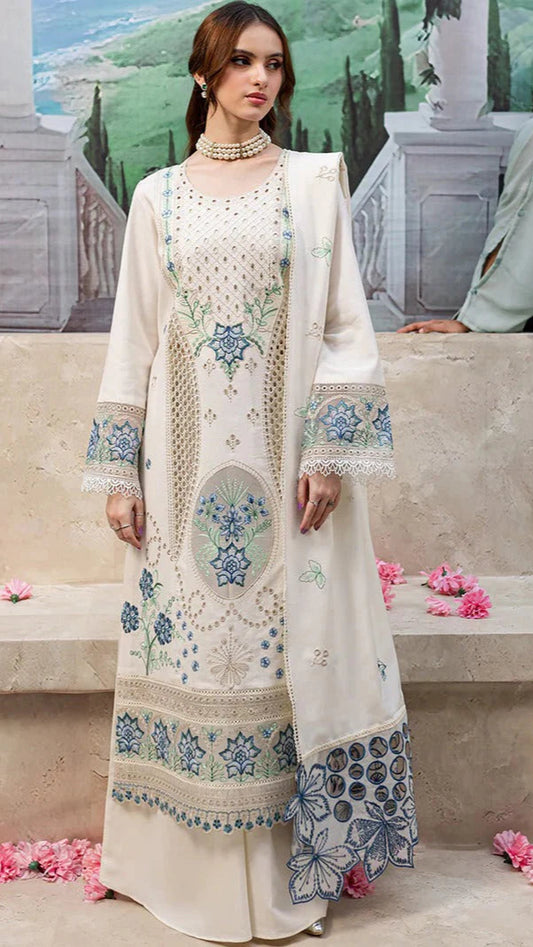 LAWN 3PC CHIKENKARI EMBROIDERED SHIRT PLAIN TROUSER (D-PATCH ) ORGANZA EMBORIDED DUPATA D-1982