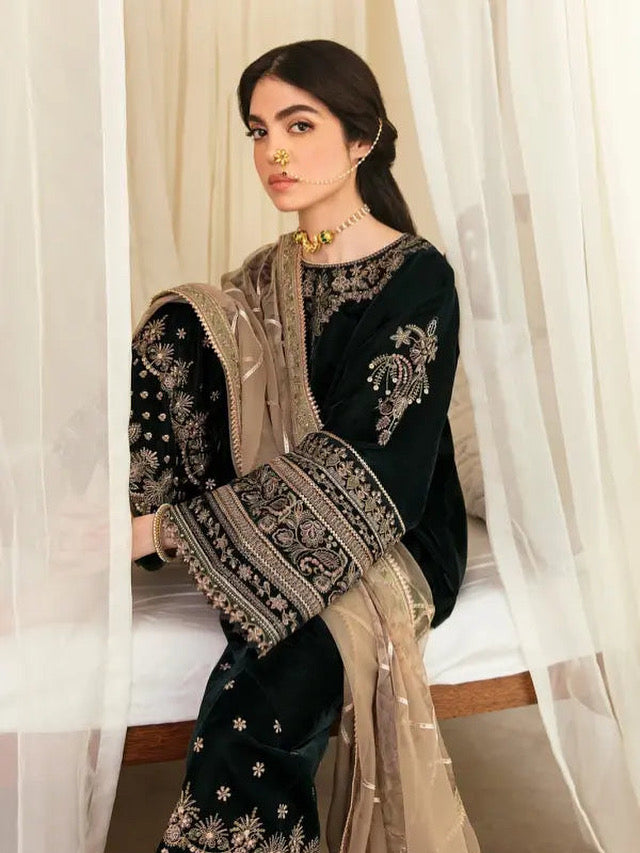 VELVET 3PC EMBROIDERED SHIRT ORGANZA EMBORIDED DUPATA AND SILK TROUSER 618-RR