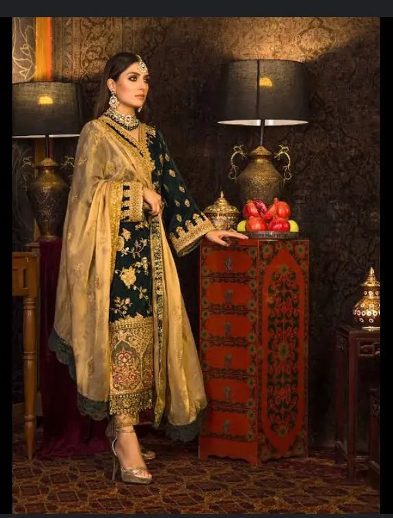 VELVET 3PC EMBROIDERED SHIRT ORGANZA EMBORIDED DUPATA AND SILK TROUSER 617-RR