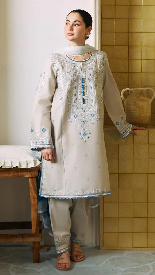 3PC EMBROIDERED SHIRT PLAIN TROUSER (D-PATCH ) CHIFFON DYE-DYE EMBORIDED LACE DUPATA D-1022