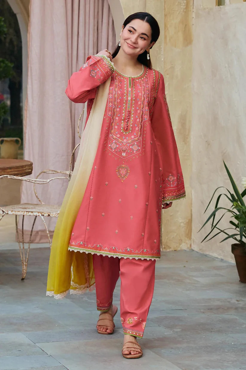 LAWN 3PC EMBROIDERED SHIRT PLAIN TROUSER PRINTED DUPATA D-1096