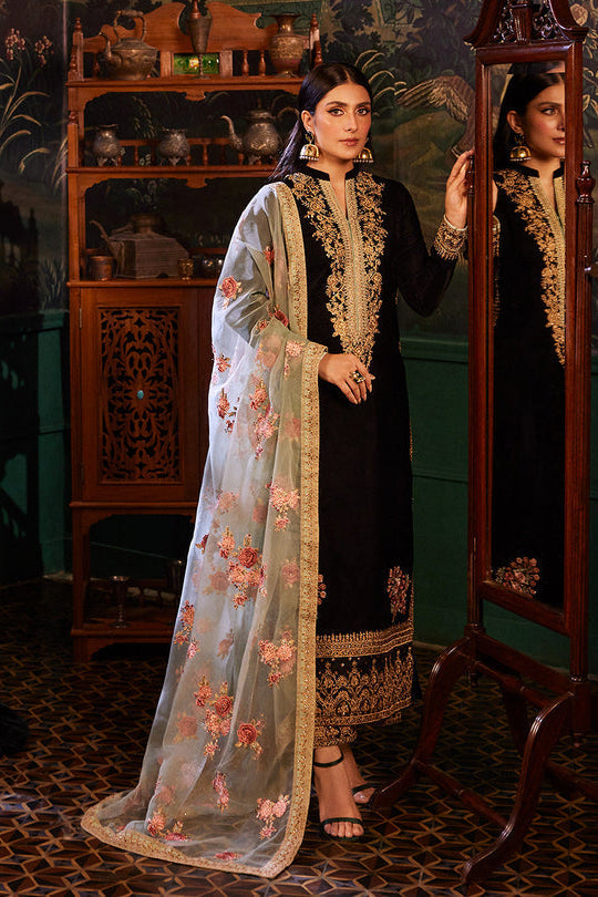 VELVET 3PC SHIRT EMBROIDERED ORGANZA EMBROIDERED PRINTED DUPATA SILK TROUSER 604-RR