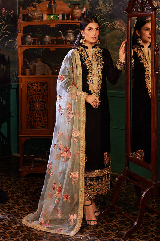 VELVET 3PC SHIRT EMBROIDERED ORGANZA EMBROIDERED PRINTED DUPATA SILK TROUSER 604-RR
