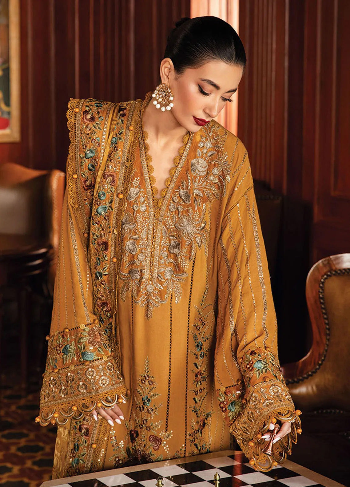 3PC DHANAK EMBROIDERED SHIRT PRINTED WOOL SHAWL AND PLAIN TROUSE 665-RR