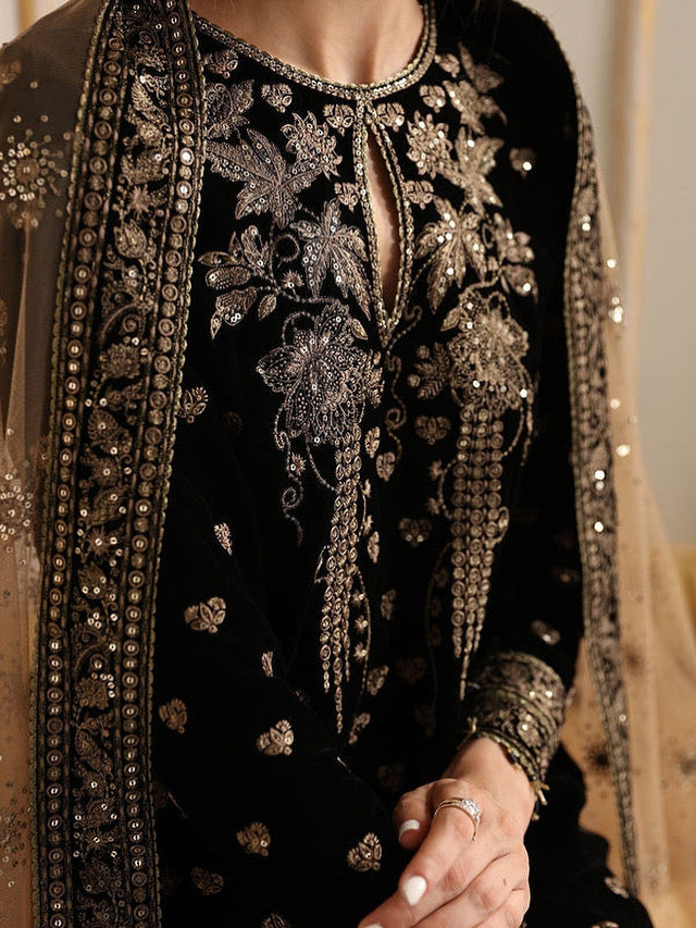 VELVET 3PC EMBROIDERED SHIRT ORGANZA EMBORIDED DUPATA AND SILK TROUSER 620-RR