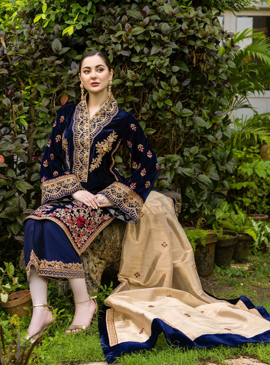 VELVET 3PC EMBROIDERED SHIRT ORGANZA EMBORIDED DUPATA AND SILK TROUSER 616-RR