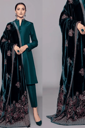 3PC SHIRT SHAMOOZ -SILK VELVET EMBROIDERED DUPATA SILK TROUSER 605-RR
