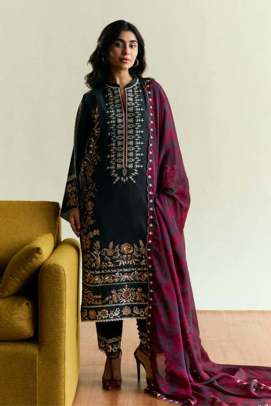 3PC DHANAK EMBROIDERED SHIRT WITH DHANAK (DAMAN-PATCH) PRIMTED WOOLEN SHAWL AND PLAIN TROUSE