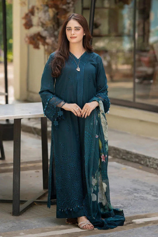 3PC DANAK CHIKENKARI EMBROIDERED SHIRT EMBROIDERED SLEEVES PLAIN TROUSER AND PRINTED WOOL SHAWL 847-RR