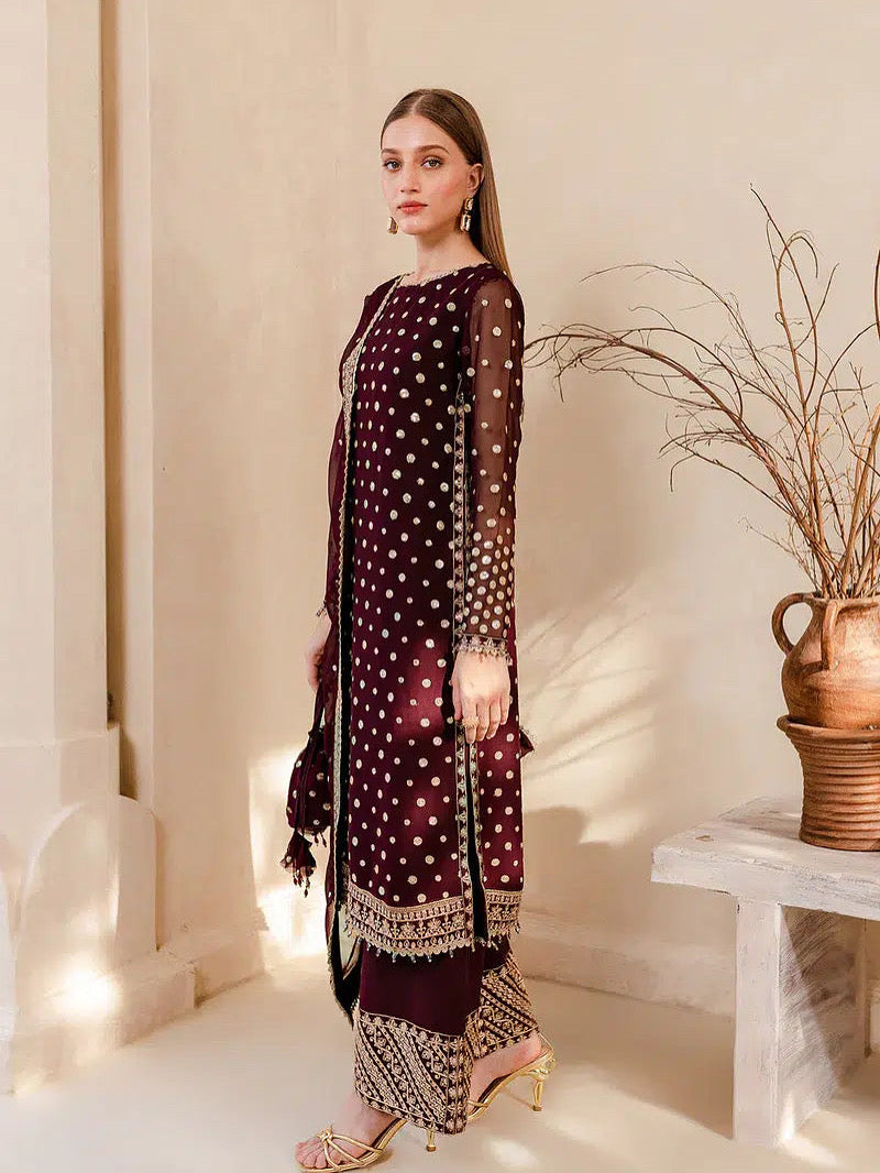VELVET 3PC EMBROIDERED SHIRT ORGANZA EMBORIDED DUPATA AND SILK TROUSER 621-QQ