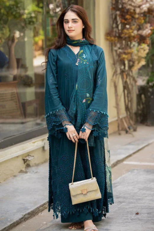 3PC DANAK CHIKENKARI EMBROIDERED SHIRT EMBROIDERED SLEEVES PLAIN TROUSER AND PRINTED WOOL SHAWL 847-RR