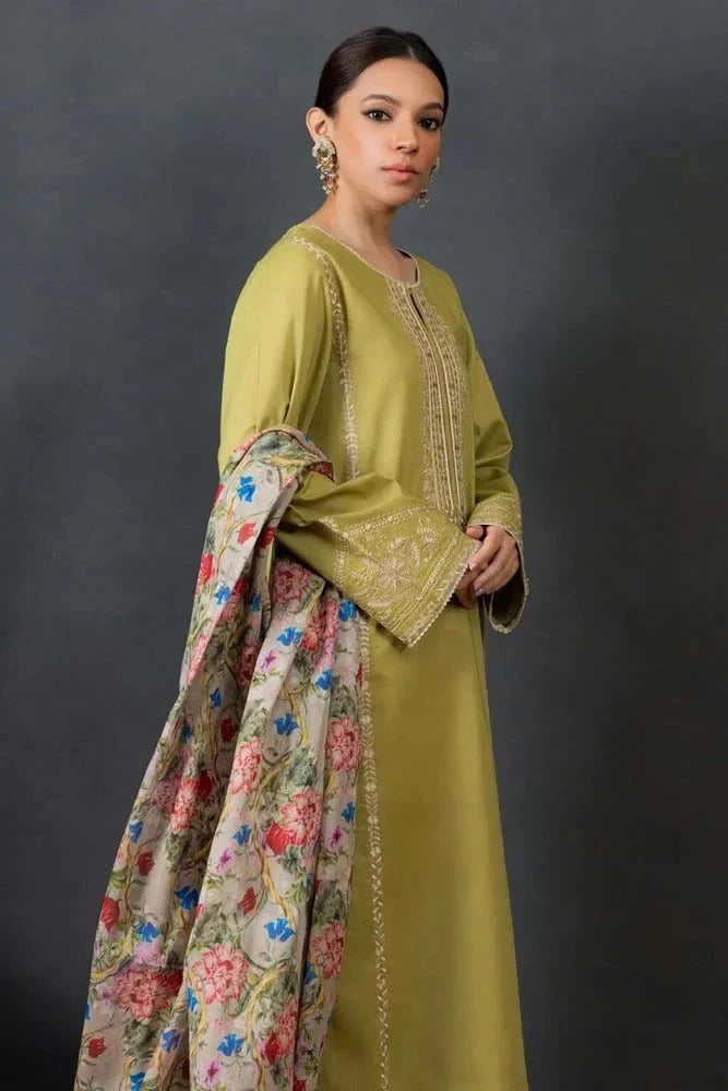 LAWN 3PC EMBROIDERED SHIRT PLAIN TROUSER (D-PATCH) PRINTED DUPATA D-53