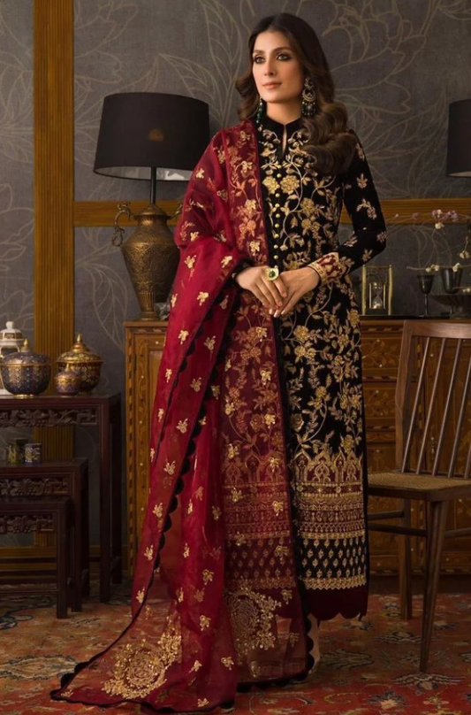 VELVET 3PC EMBROIDERED SHIRT ORGANZA EMBORIDED DUPATA AND SILK TROUSER 627-RR