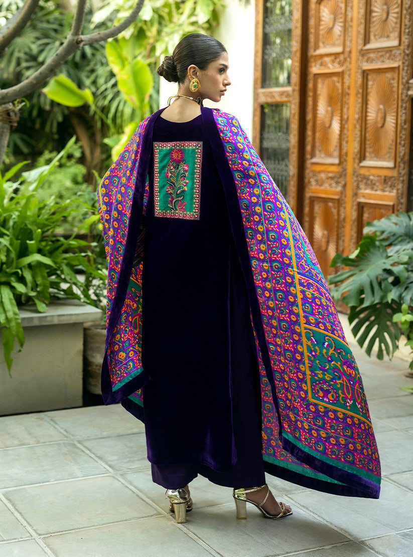 VELVET 3PC SHIRT EMBROIDERED PRINTED KARANDI SHAWL AND SILK TROUSER    609-RR