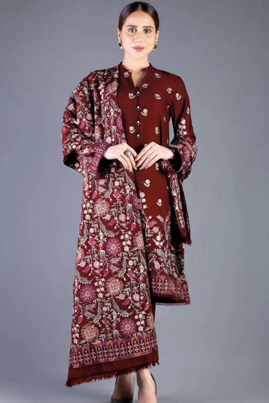 3PC DHANAK EMBROIDERED SHIRT WITH DHANAK (DAMAN-PATCH) EMBROIDERED SHAWL AND PLAIN TROUSE