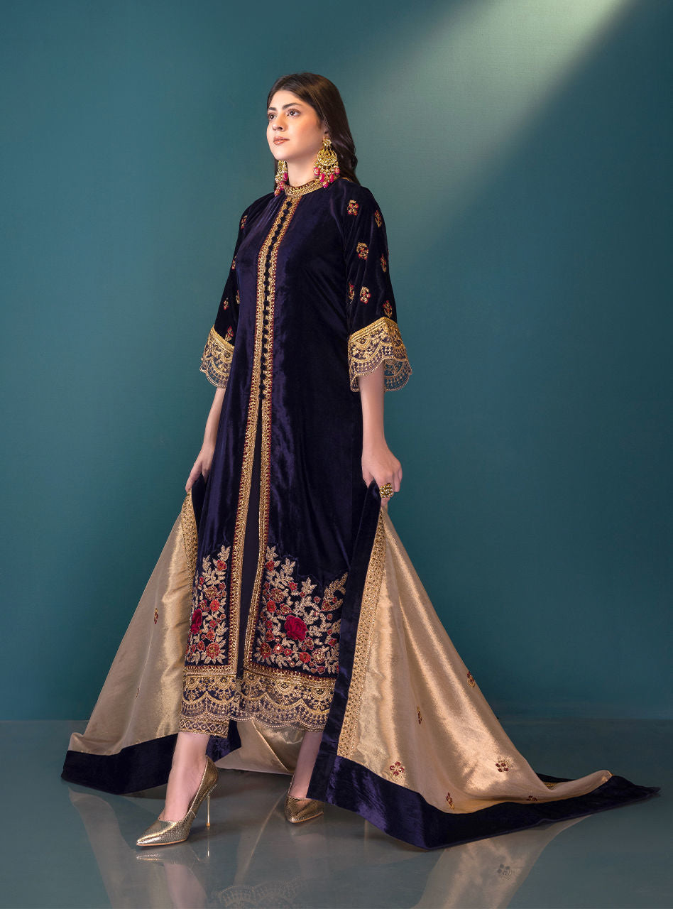 VELVET 3PC SHIRT EMBROIDERED JAMA-WAR DUPATA SILK TROUSER 602-RR