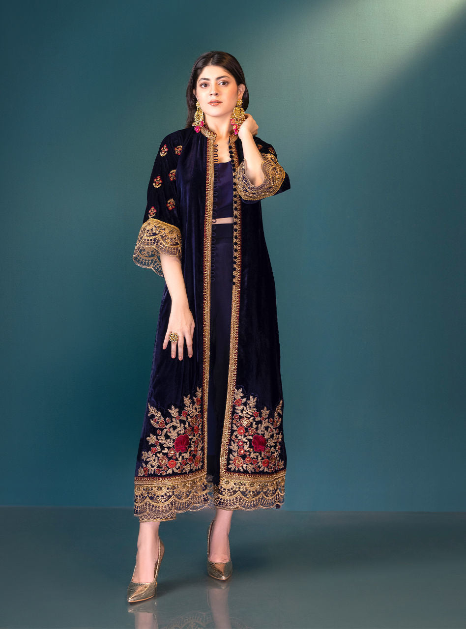 VELVET 3PC SHIRT EMBROIDERED JAMA-WAR DUPATA SILK TROUSER 602-RR