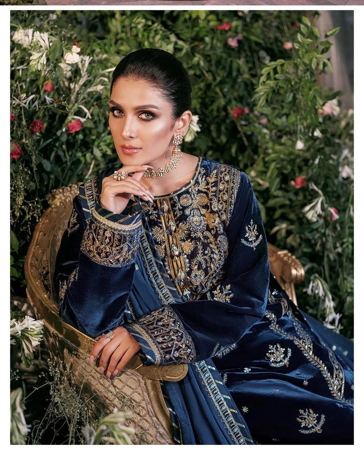 VELVET 3PC EMBROIDERED SHIRT ORGANZA EMBORIDED DUPATA AND SILK TROUSER 619-RR