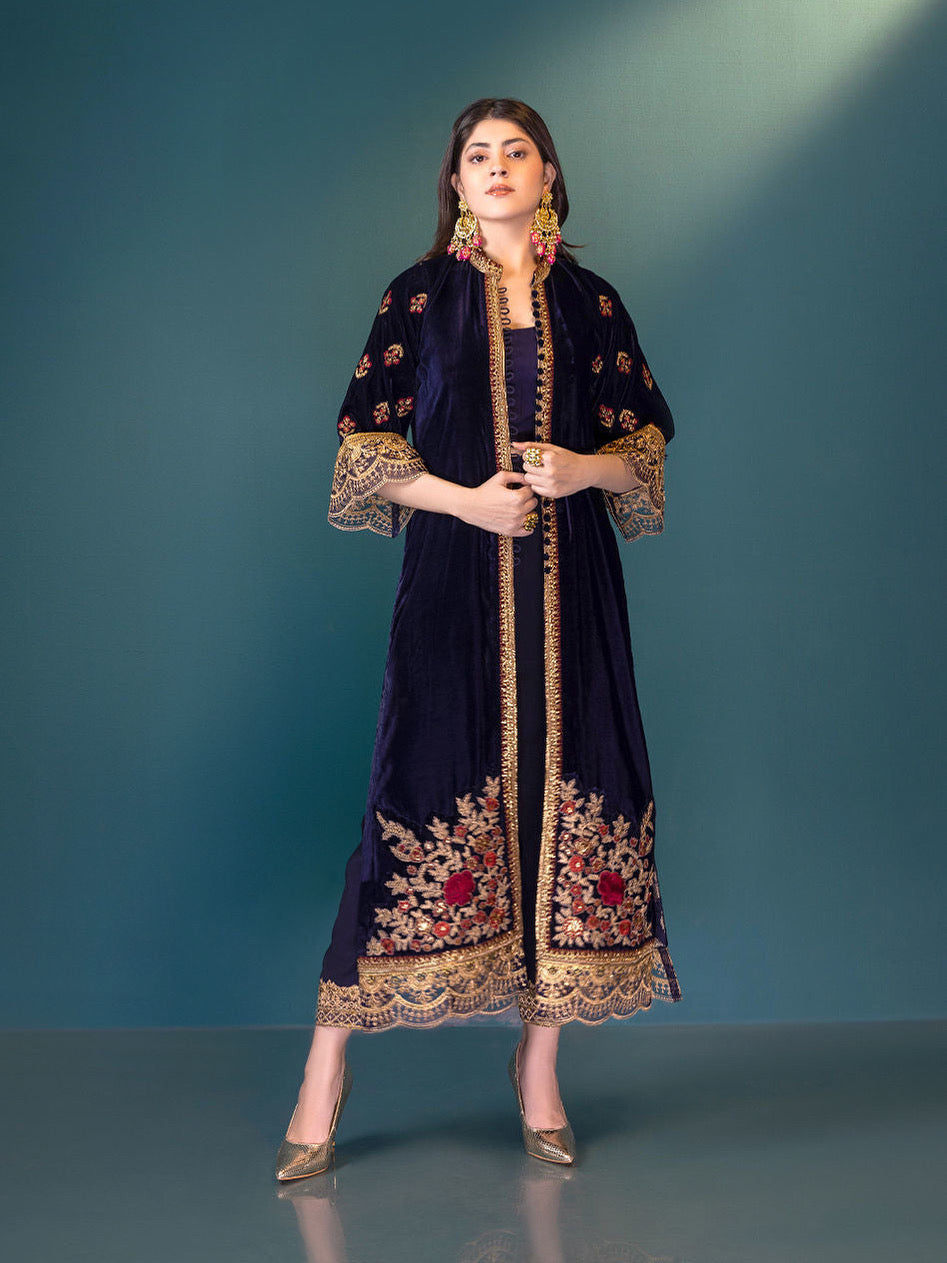 VELVET 3PC EMBROIDERED SHIRT ORGANZA EMBORIDED DUPATA AND SILK TROUSER 625-RR