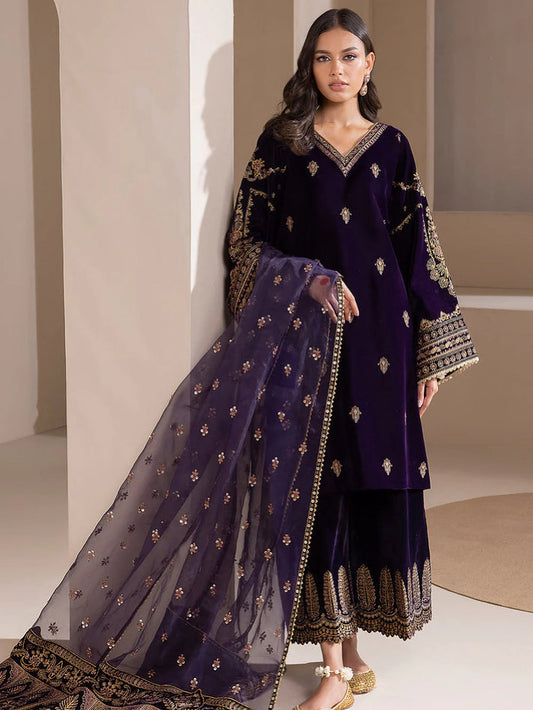 VELVET 3PC EMBROIDERED SHIRT ORGANZA EMBORIDED DUPATA AND VELVET TROUSER 623-RR
