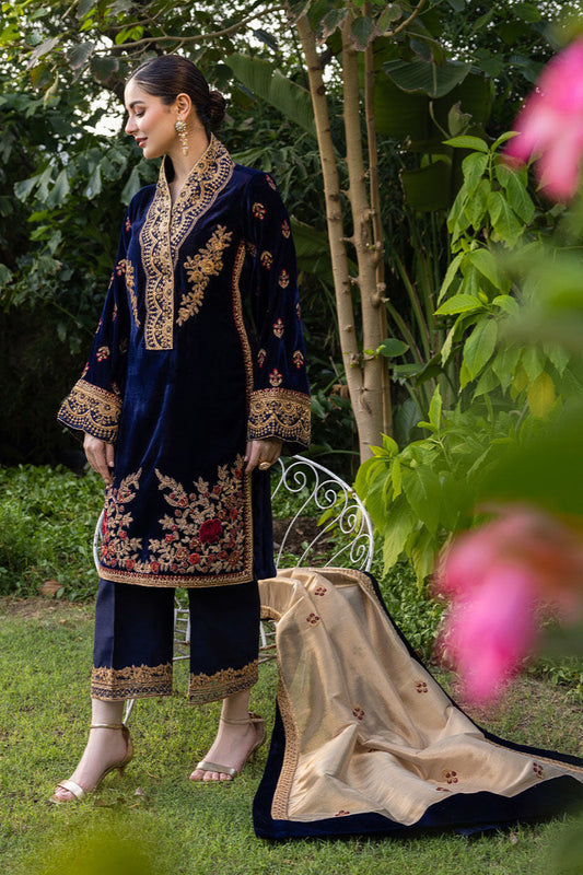 VELVET 3PC EMBROIDERED SHIRT ORGANZA EMBORIDED DUPATA AND SILK TROUSER 625-RR