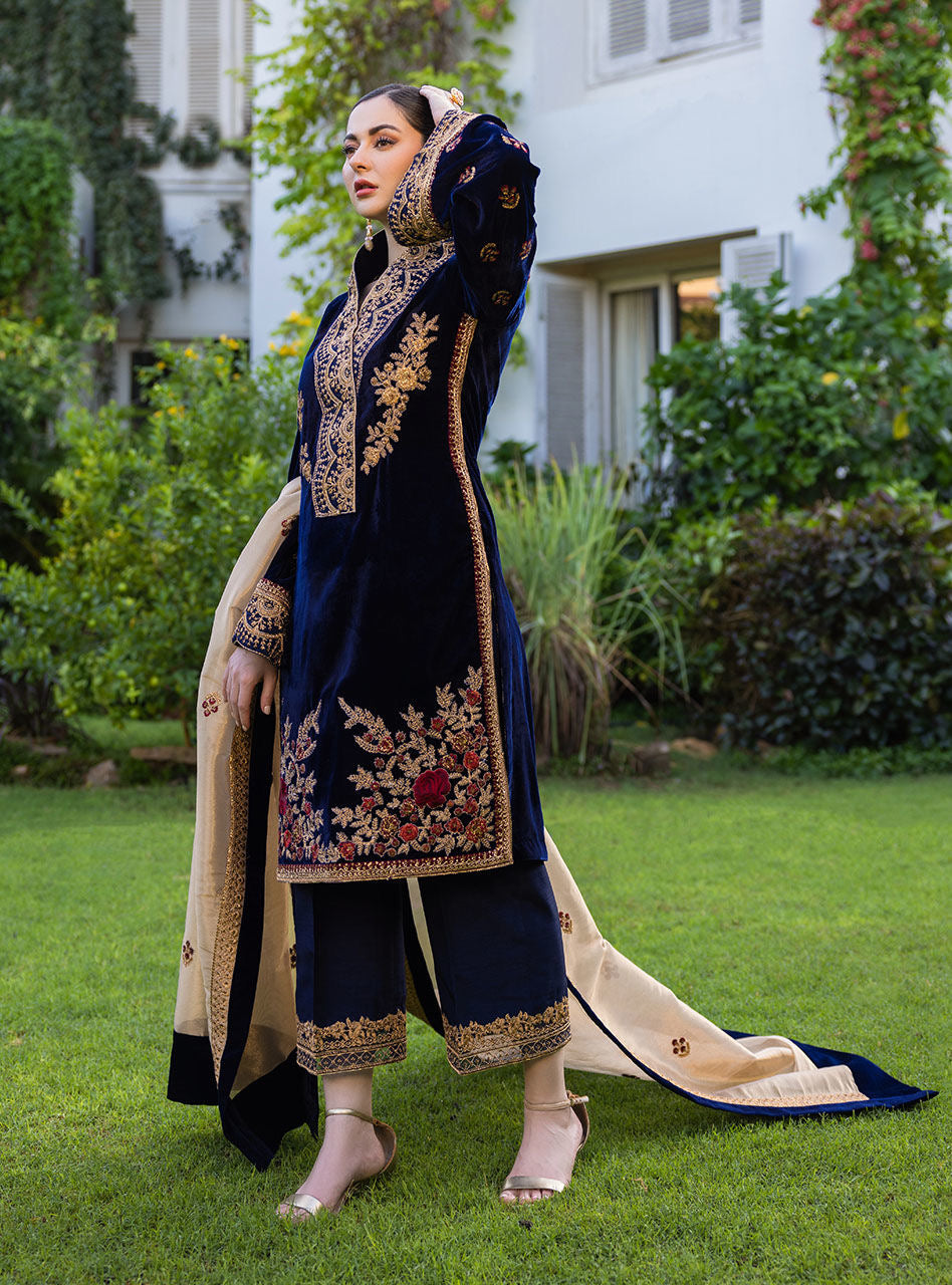 VELVET 3PC EMBROIDERED SHIRT ORGANZA EMBORIDED DUPATA AND SILK TROUSER 616-RR