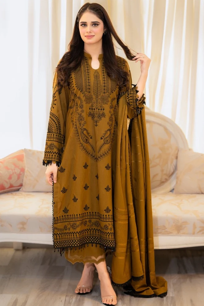 DANAK 3PC EMBROIDERED FRONT EMBORIDED SLEEVES PLAIN TROUSER EMBROIDERED DANAK SHAWL 545-RR