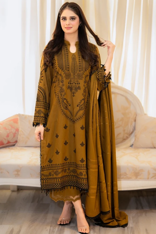 DANAK 3PC EMBROIDERED FRONT EMBORIDED SLEEVES PLAIN TROUSER EMBROIDERED DANAK SHAWL 545-RR
