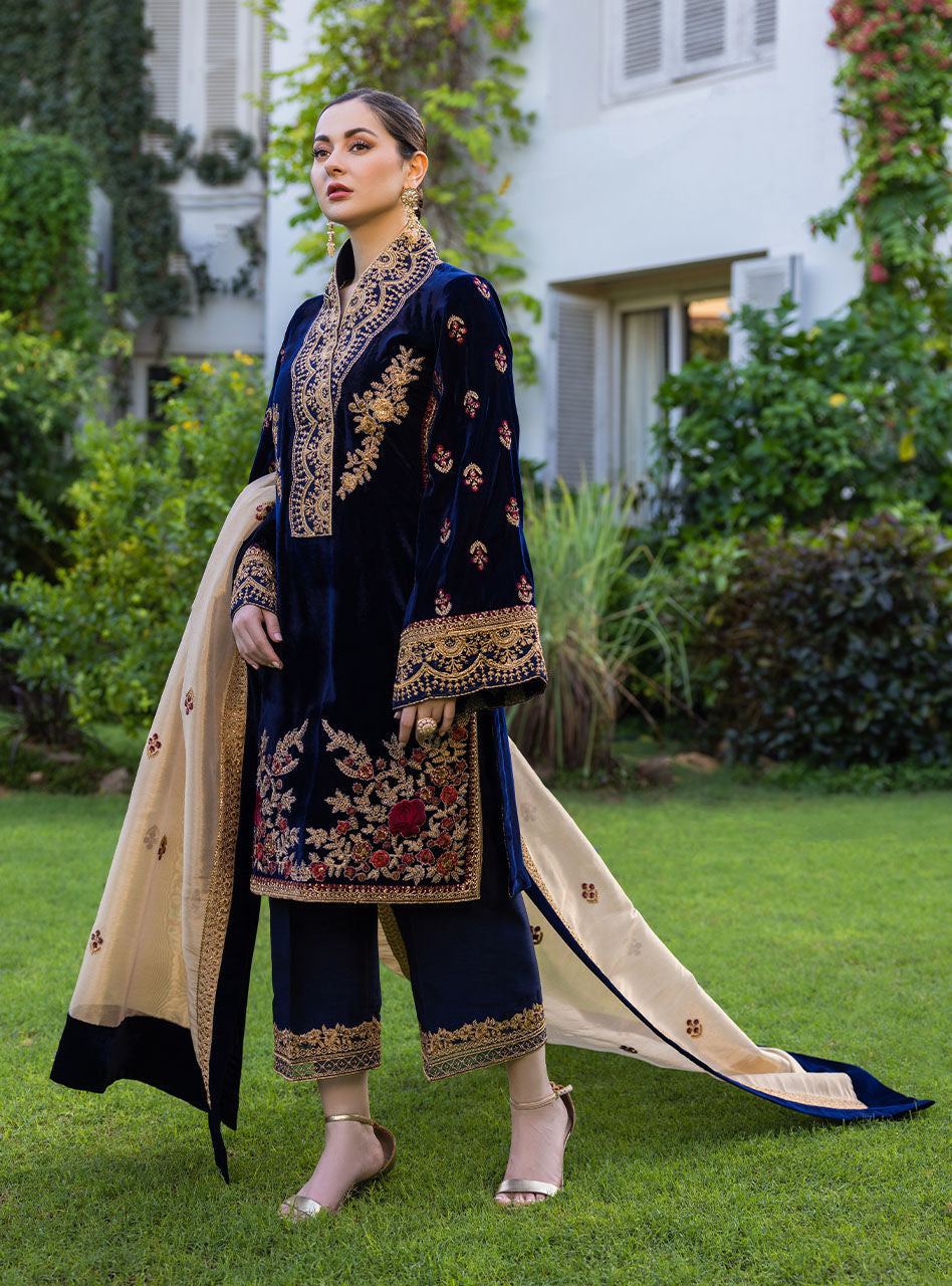 VELVET 3PC EMBROIDERED SHIRT ORGANZA EMBORIDED DUPATA AND SILK TROUSER 616-RR