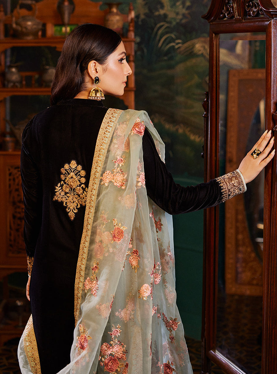 VELVET 3PC SHIRT EMBROIDERED ORGANZA EMBROIDERED PRINTED DUPATA SILK TROUSER 604-RR