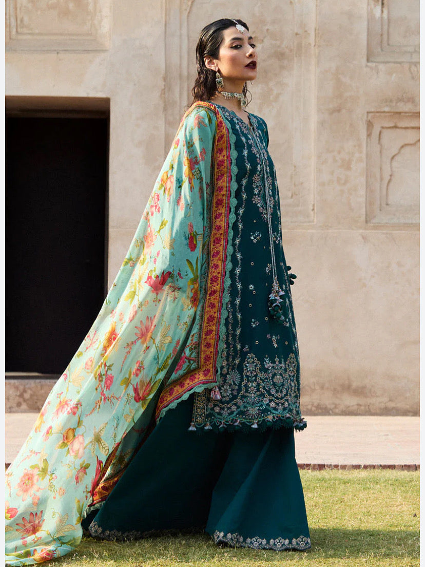 3PC DHANAK EMBROIDERED SHIRT WITH DHANAK (DAMAN-PATCH) PRINTED WOOLEN SHAWL AND PLAIN TROUSE