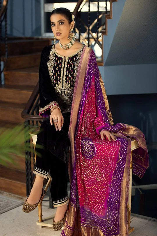 VELVET 3PC EMBROIDERED SHIRT ORGANZA EMBORIDED DUPATA AND SILK TROUSER 627-RR