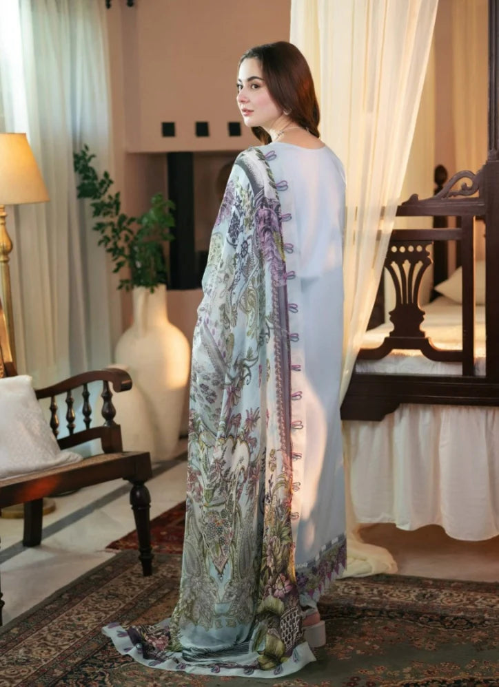 3PC DHANAK CHIKENKARI EMBROIDERED SHIRT PRINTED WOOL SHAWL AND PLAIN TRIUSER 981-RR