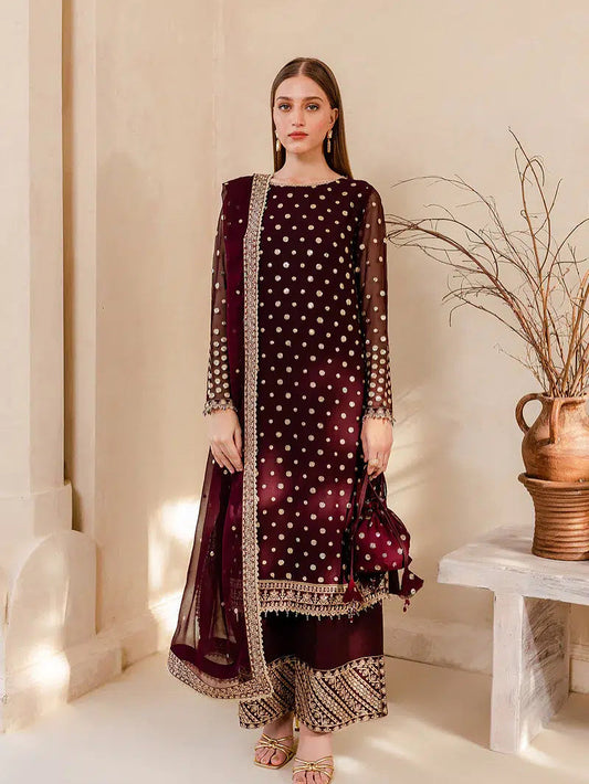VELVET 3PC EMBROIDERED SHIRT ORGANZA EMBORIDED DUPATA AND SILK TROUSER 621-QQ